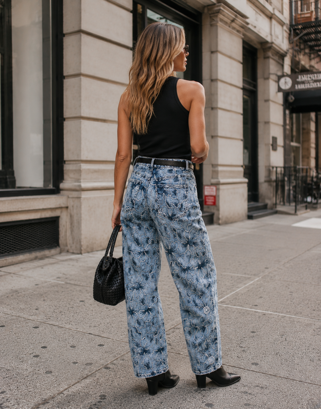 Floral Embroidered Wide-Leg Jeans - Denim