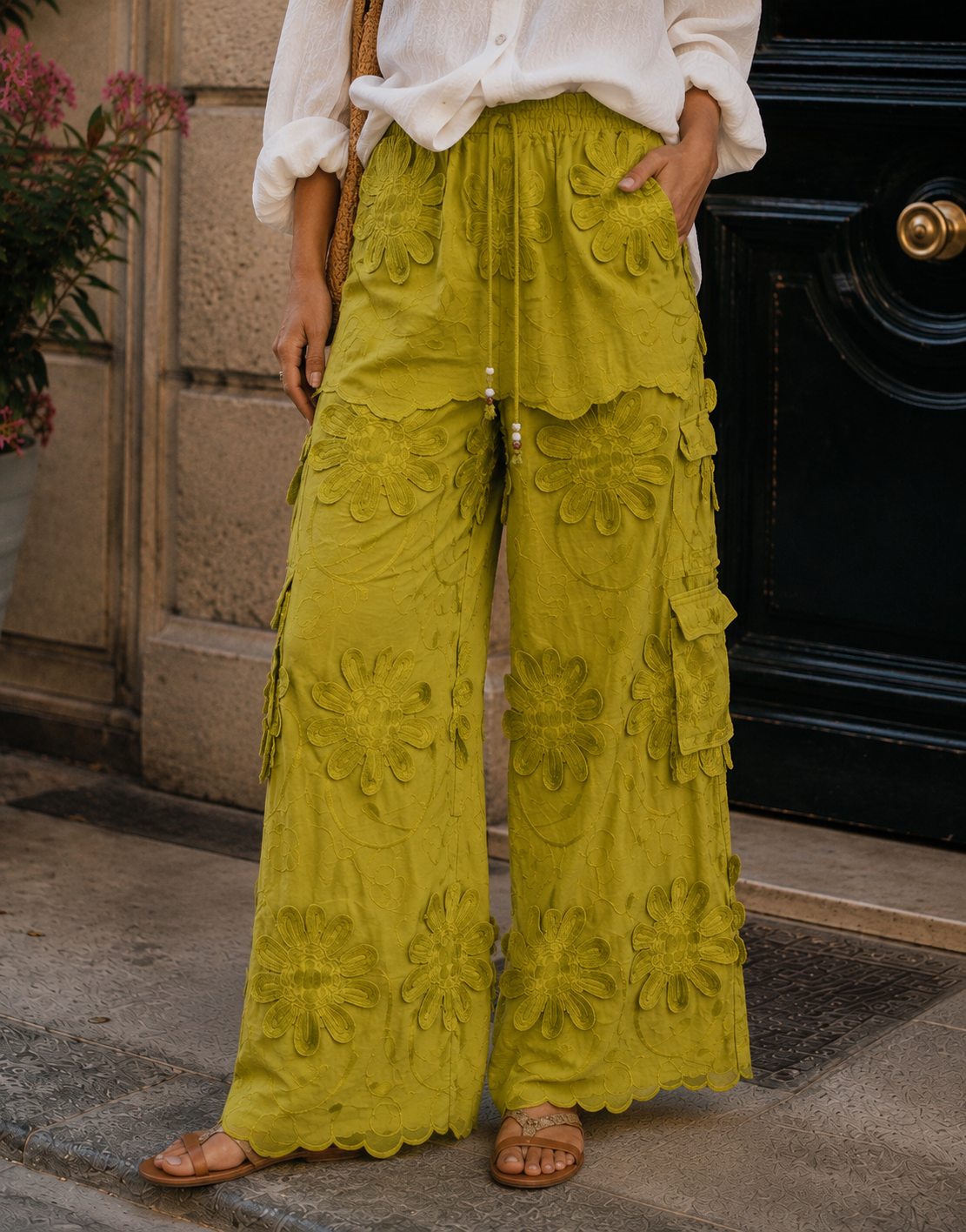 Wide Leg Pant with Embroidery Patchwork - Green