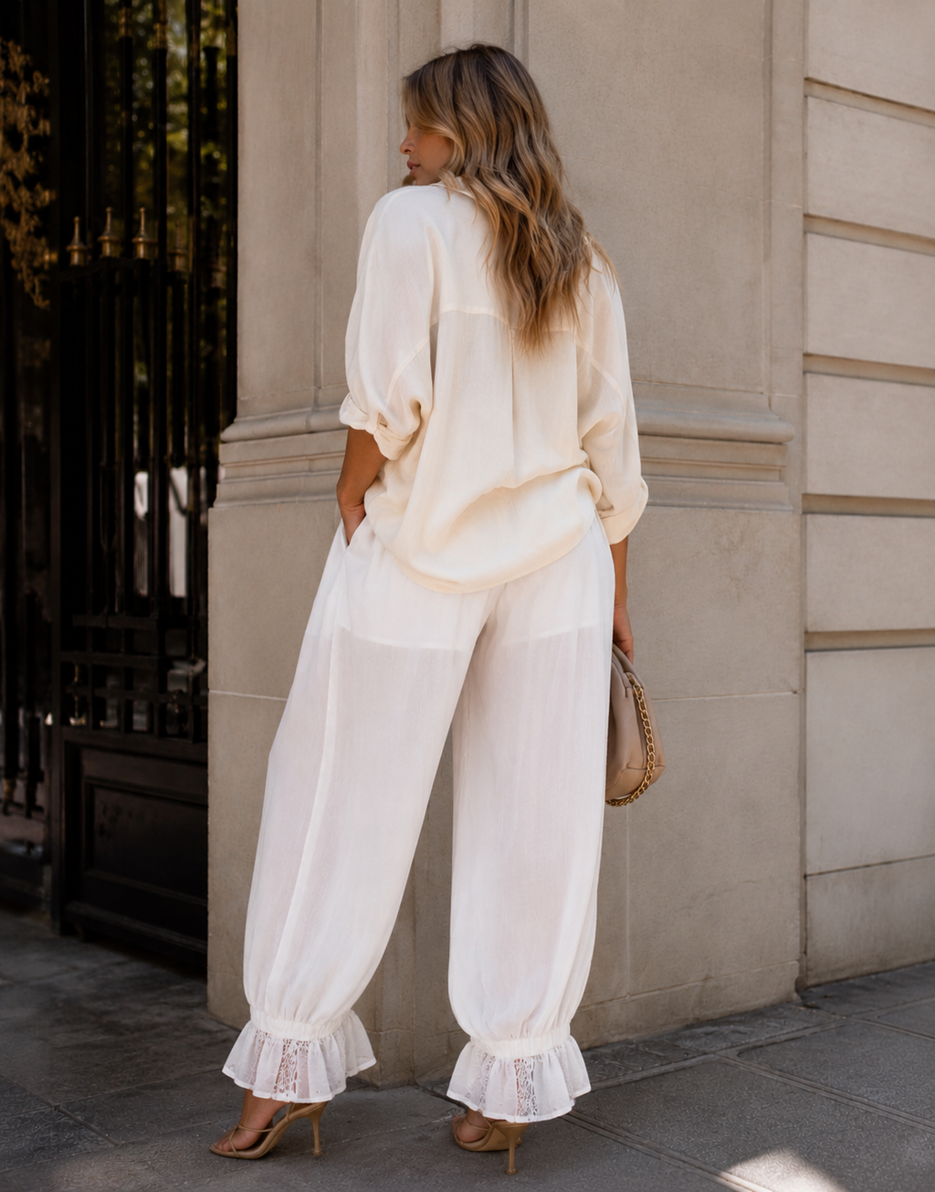 Lace-Panel Wide-Leg Pant - White