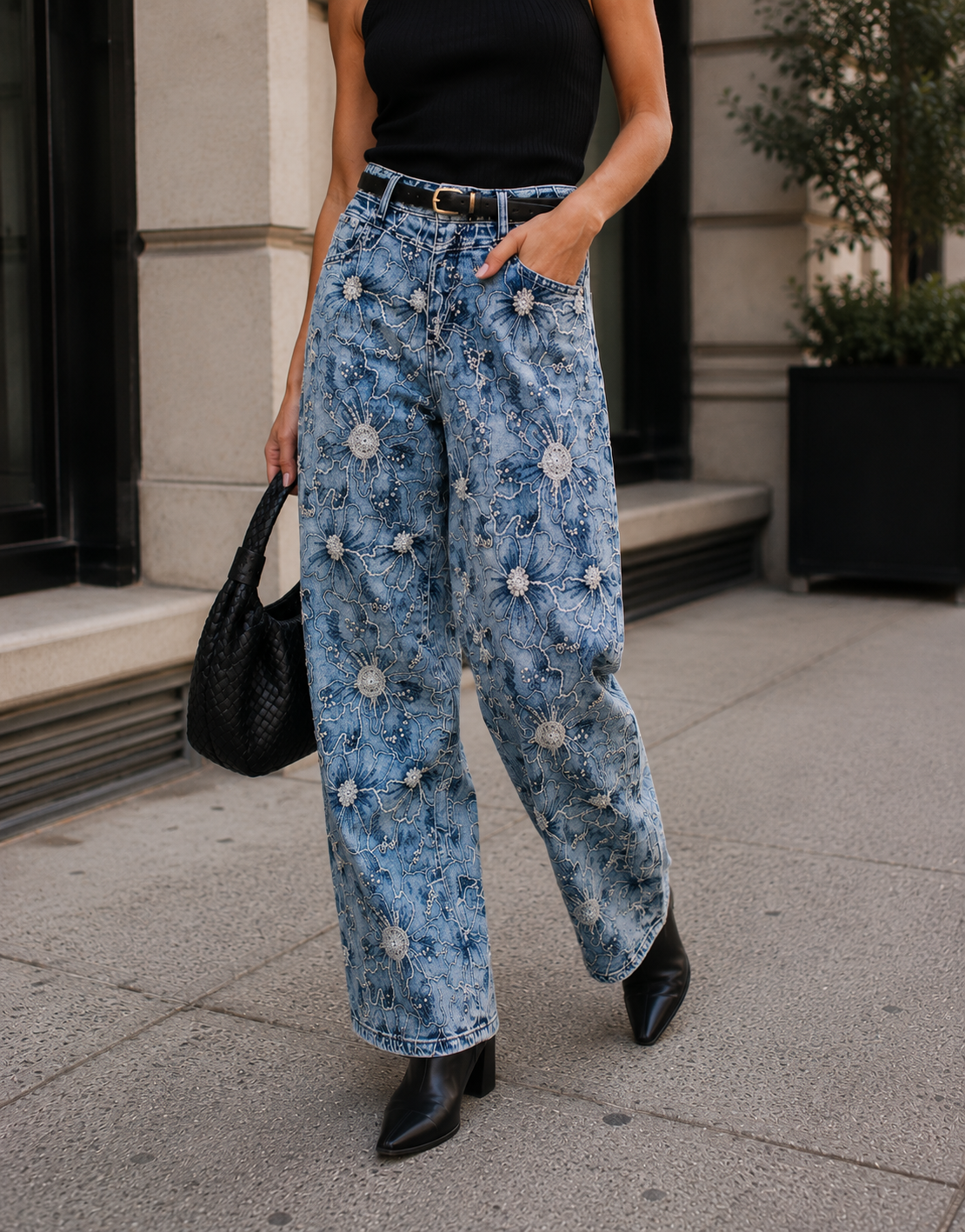 Floral Embroidered Wide-Leg Jeans - Denim