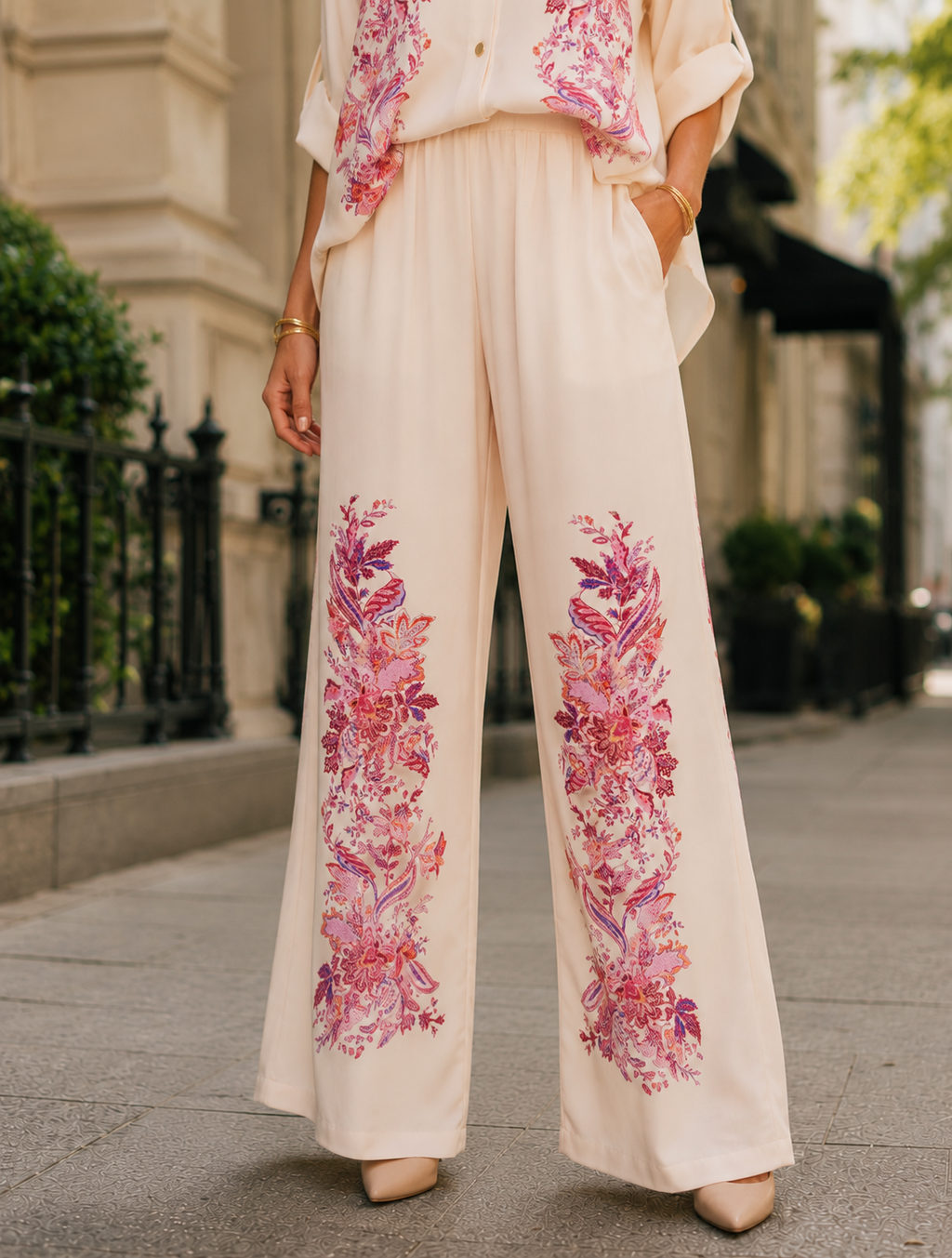 Two Piece Set With A Button Up Shirt and Wide Leg Pants - Pink