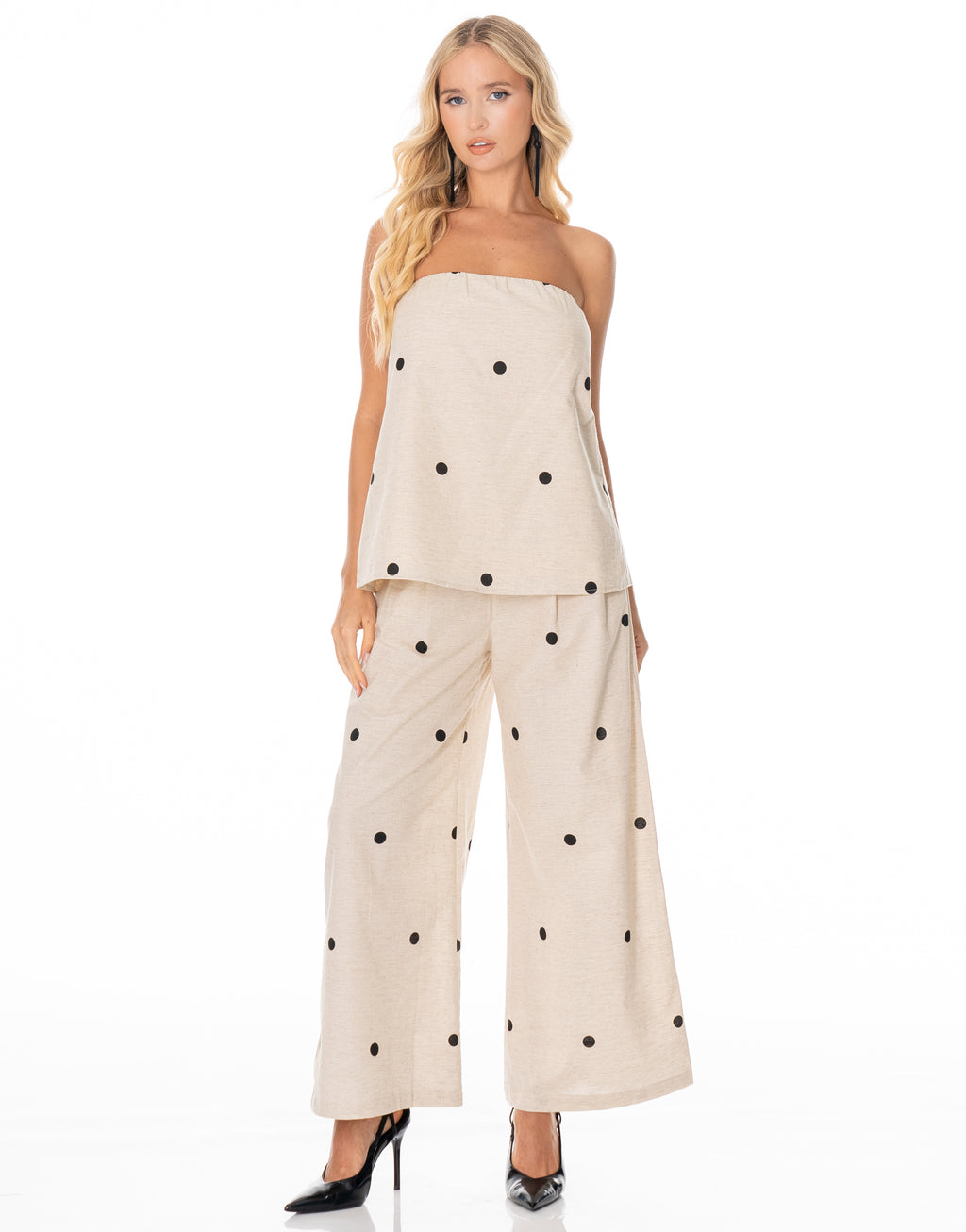 Polka Dot Strapless Cami Wide Pant Set - Apricot
