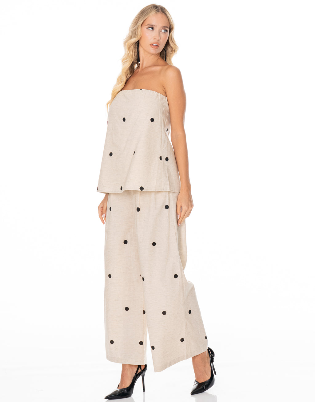 Polka Dot Strapless Cami Wide Pant Set - Apricot
