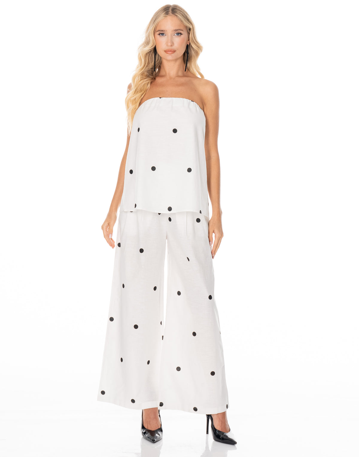 Polka Dot Strapless Cami Wide Pant Set - Black