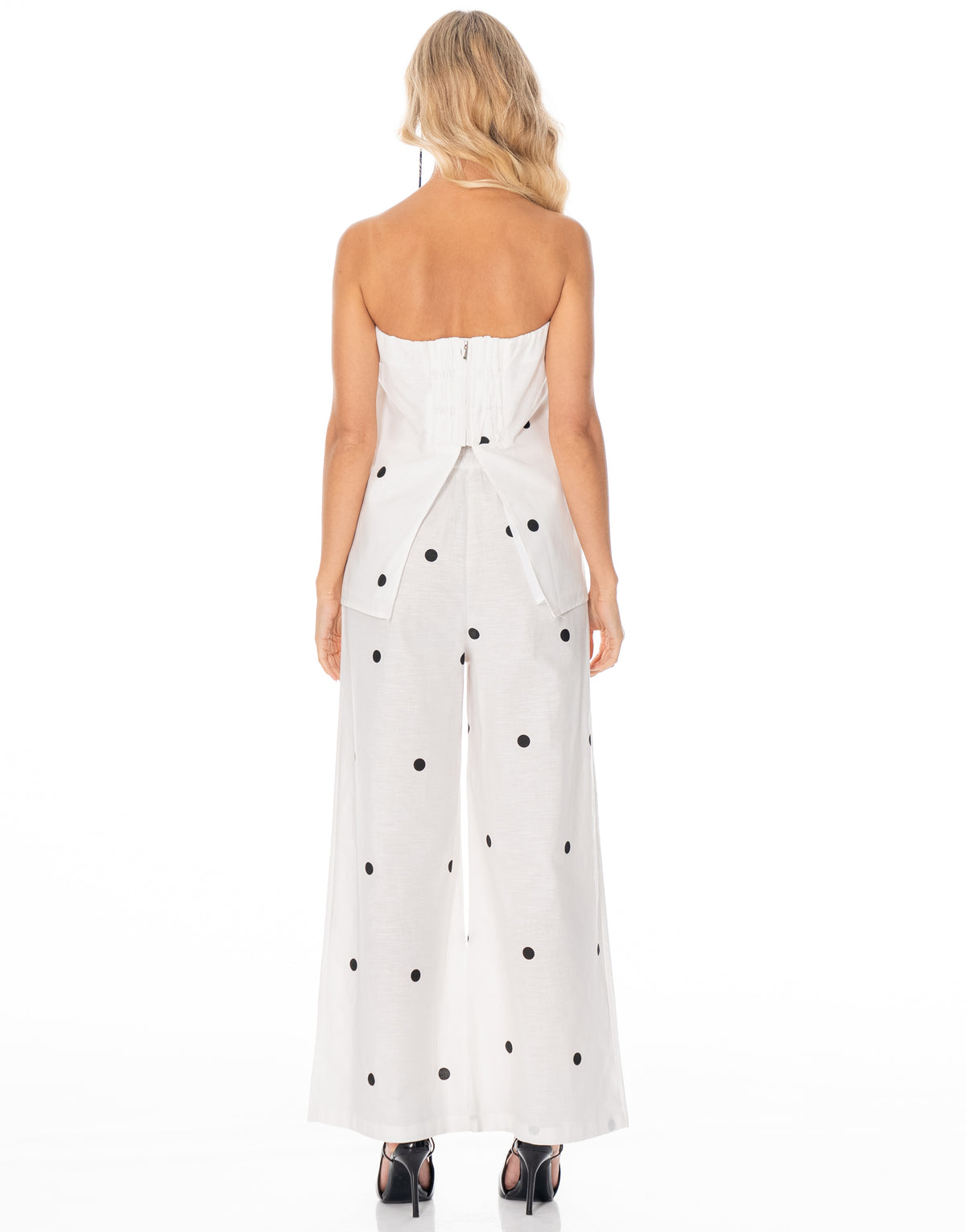 Polka Dot Strapless Cami Wide Pant Set - Black