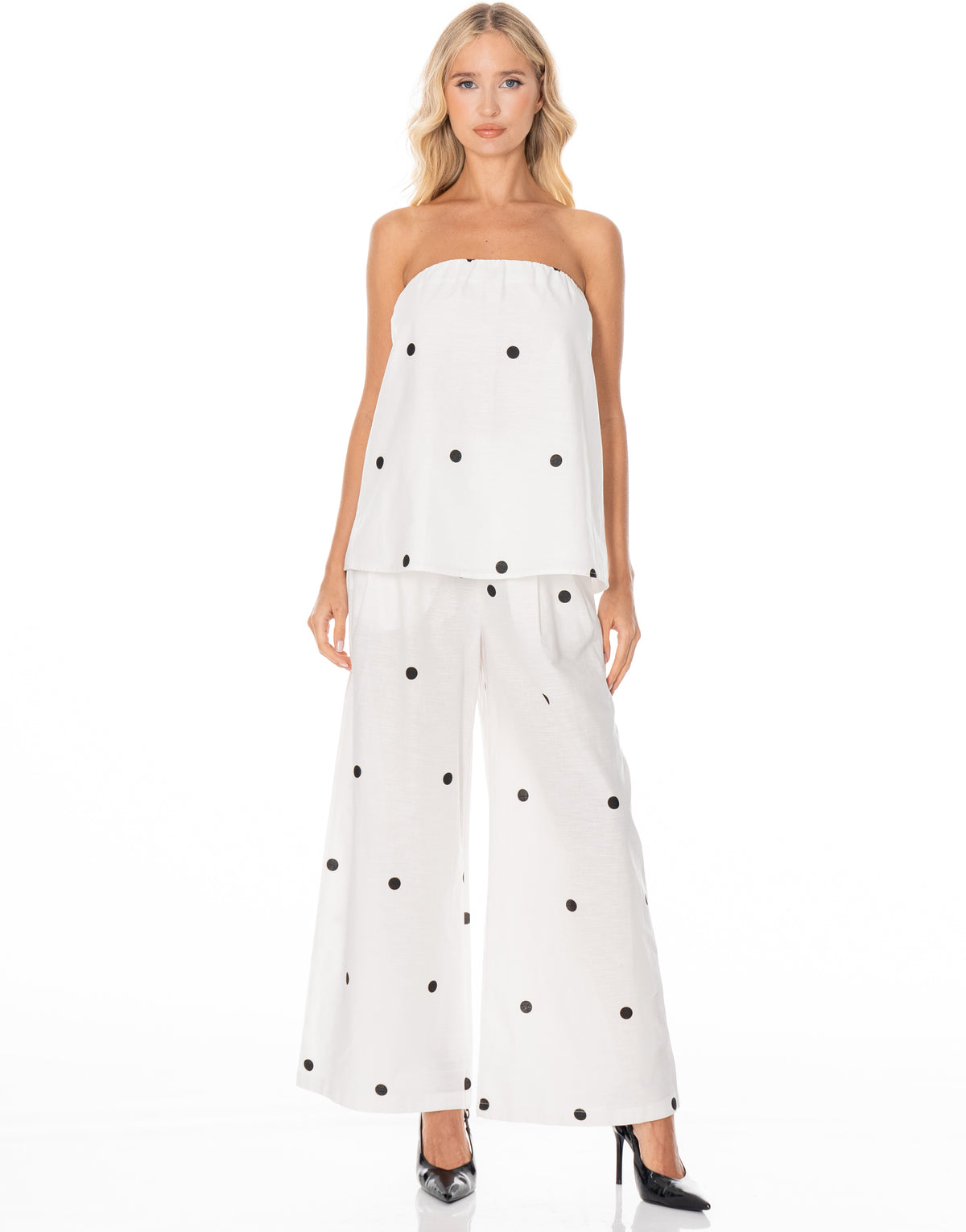 Polka Dot Strapless Cami Wide Pant Set - Black