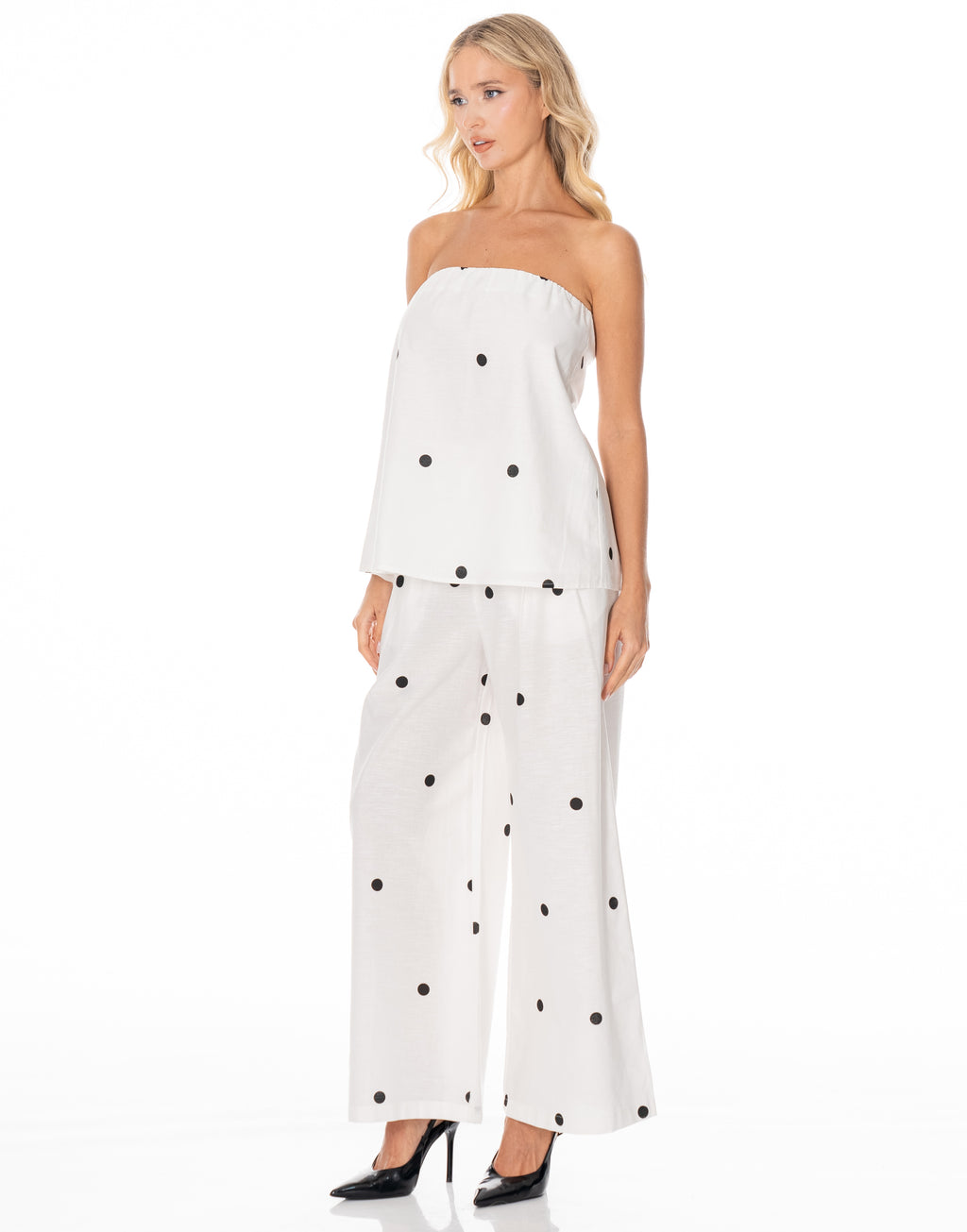 Polka Dot Strapless Cami Wide Pant Set - Black