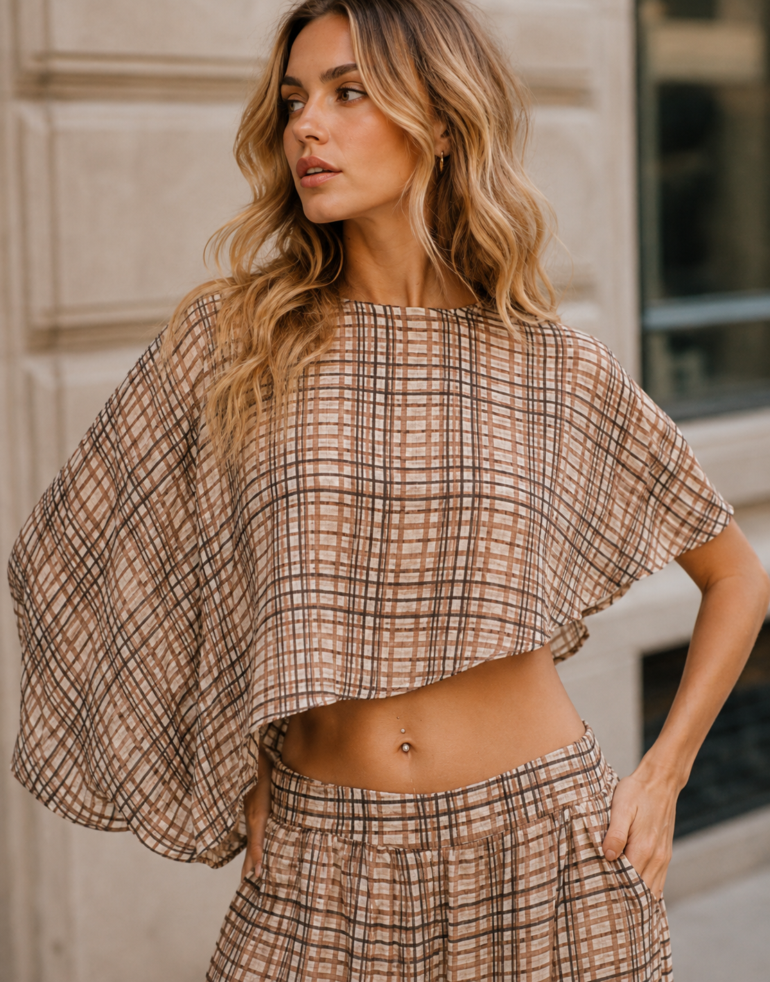 Plaid Cape Top and Pants Matching Set - Brown
