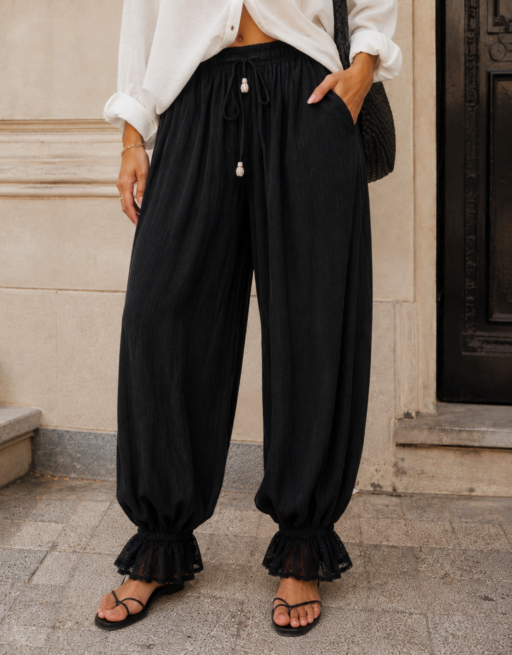 Lace-Panel Wide-Leg Pant - Black