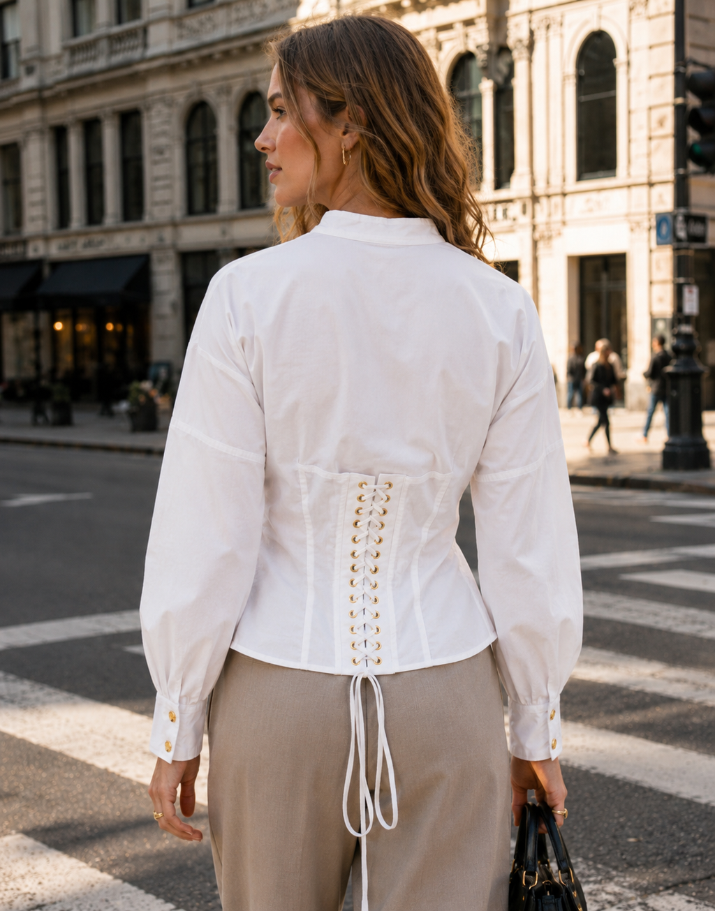Structured Long-Sleeve Button-Down Top - White