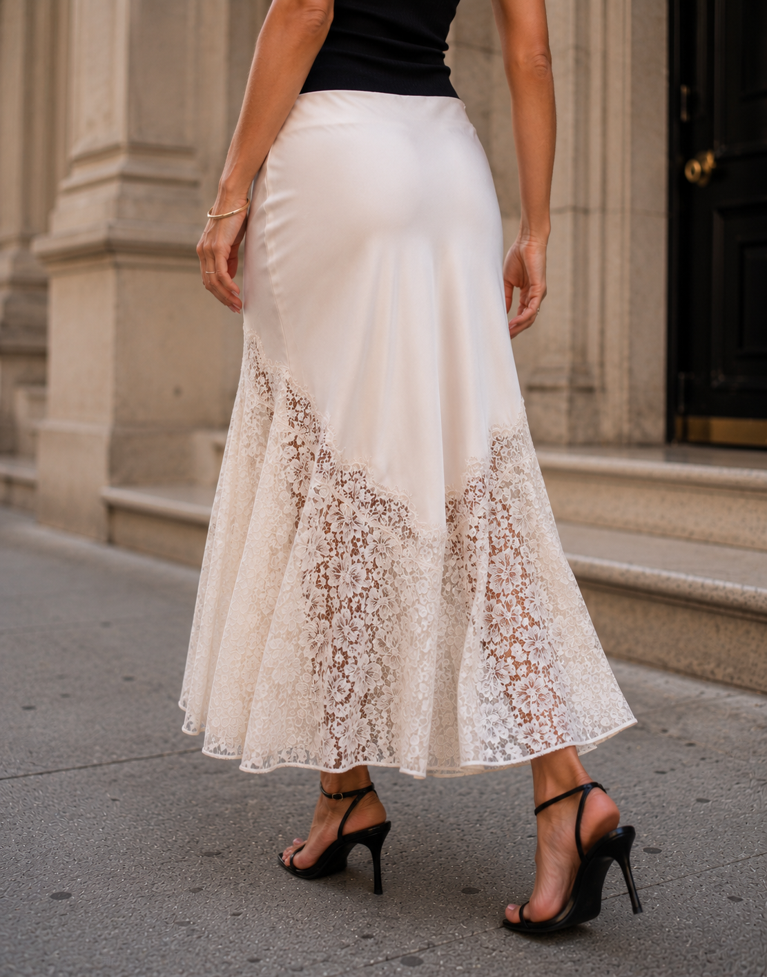 Lace Overlay Midi Skirt - Beige
