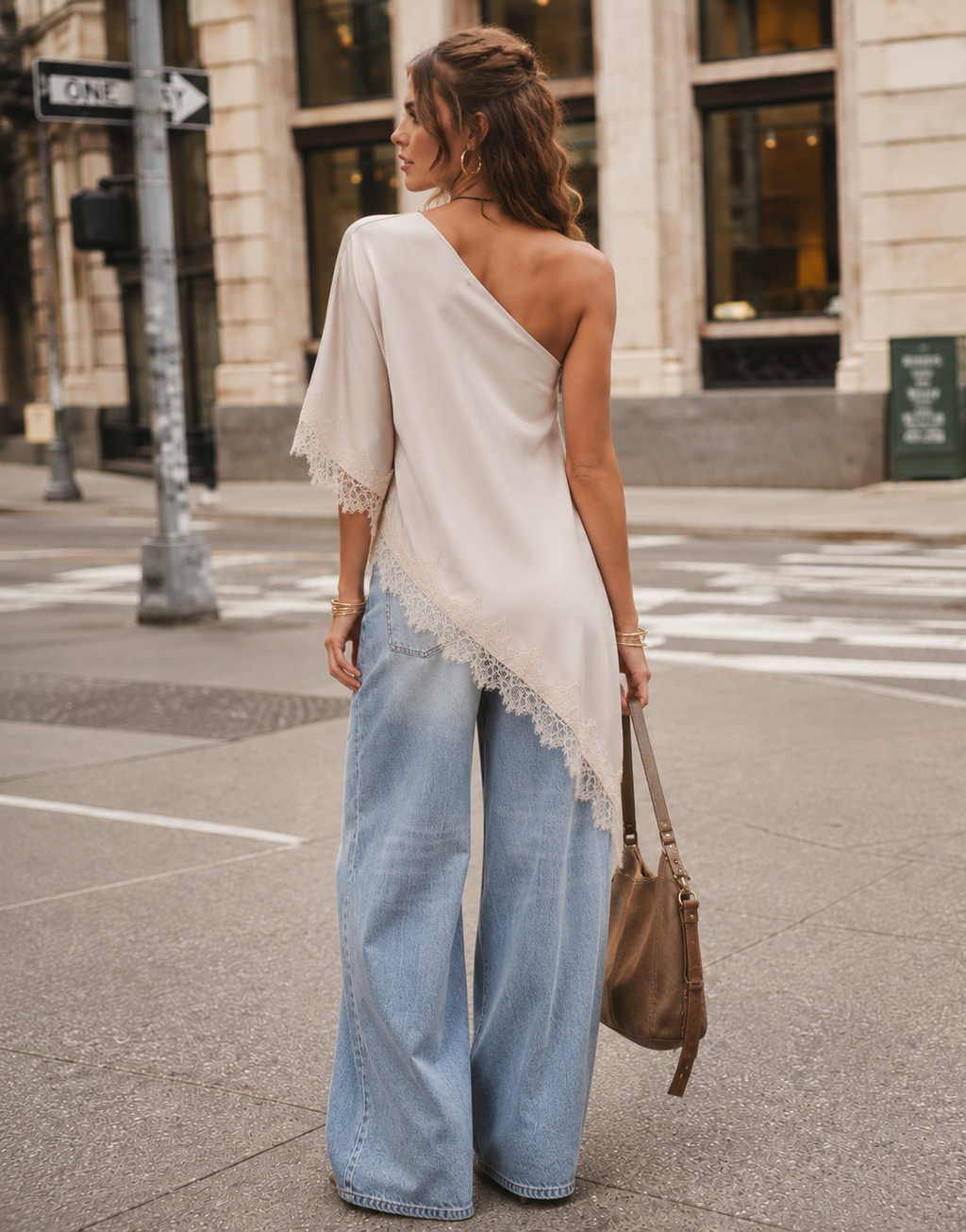 Asymmetric Lace-Trim Tank - Beige