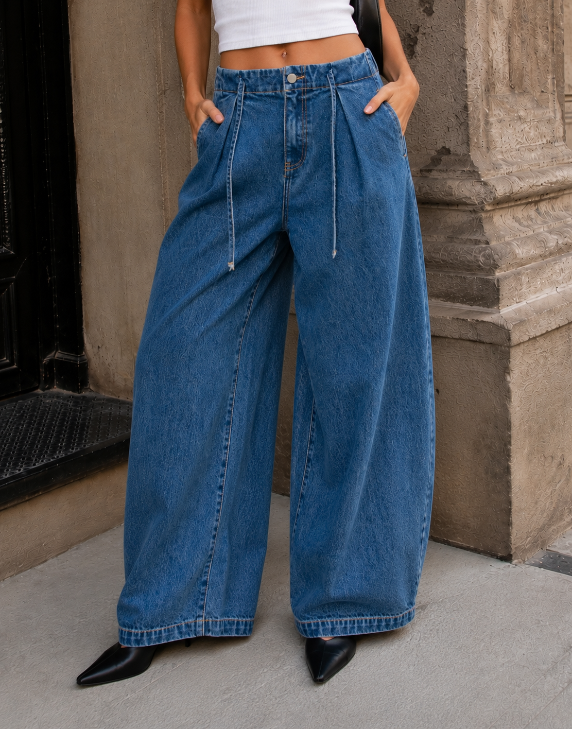 Pleated Barrel Leg Jeans - Denim