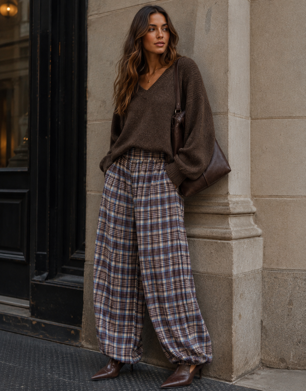 Plaid Harem Pants - Light Blue