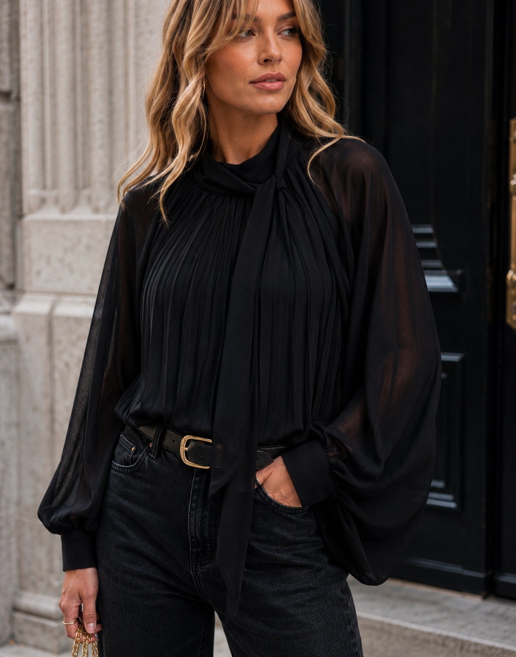 Pleated Blouson Long-Sleeve Top - Black