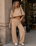 Crop Tee And Wide-Leg Pant Set - Camel