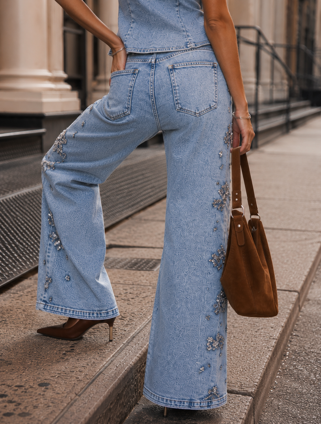 Floral Embellished Denim Set - Denim