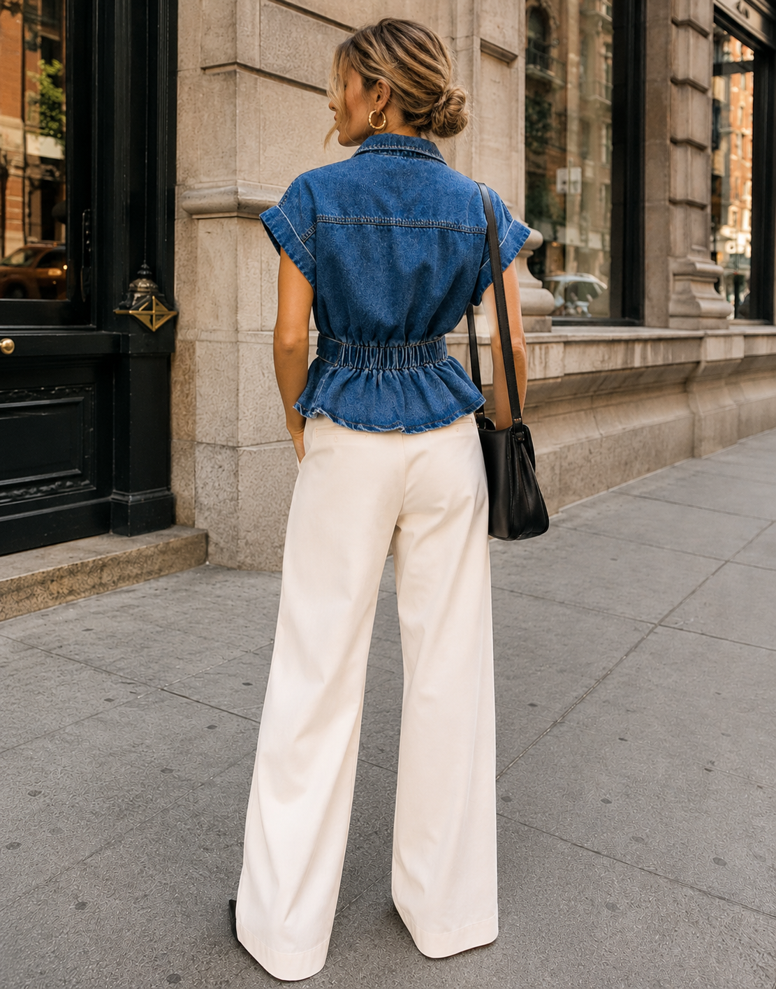 Denim Belted Button-Down Top - Denim