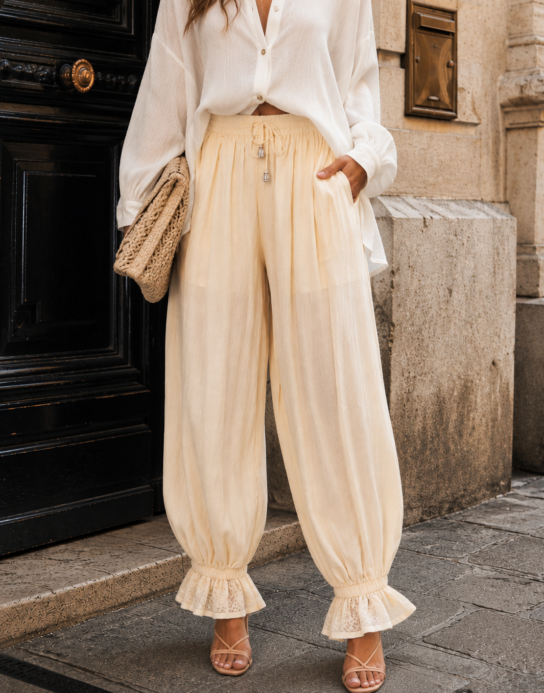 Lace-Panel Wide-Leg Pant - Yellow