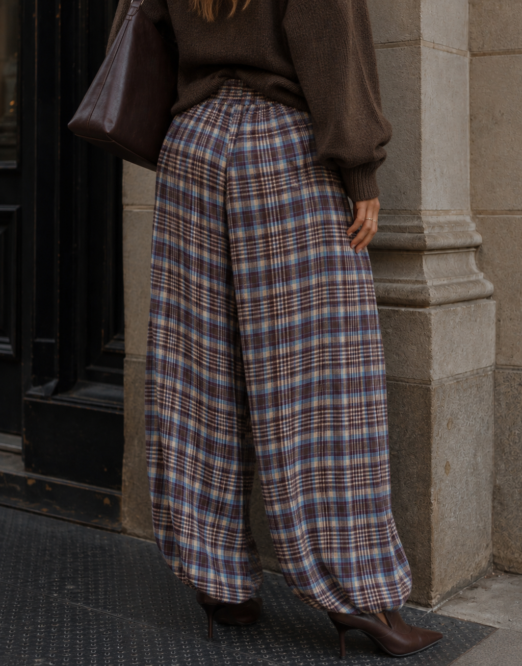 Plaid Harem Pants - Light Blue