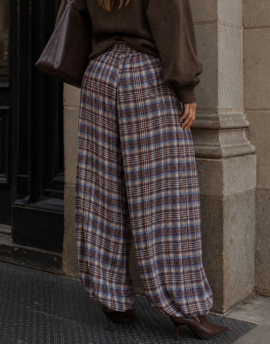 Plaid Harem Pants - Light Blue