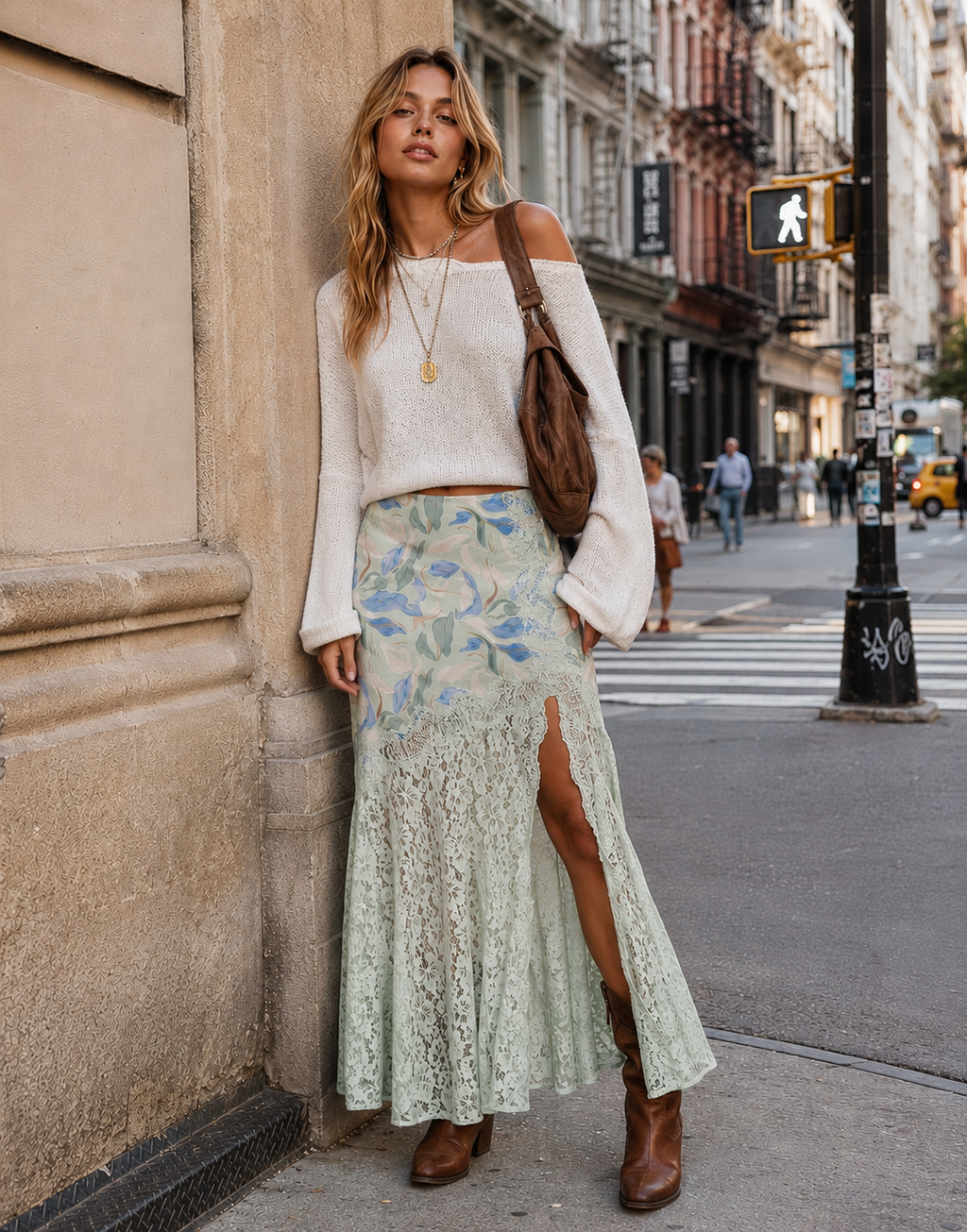Floral Lace Maxi Skirt - Mint