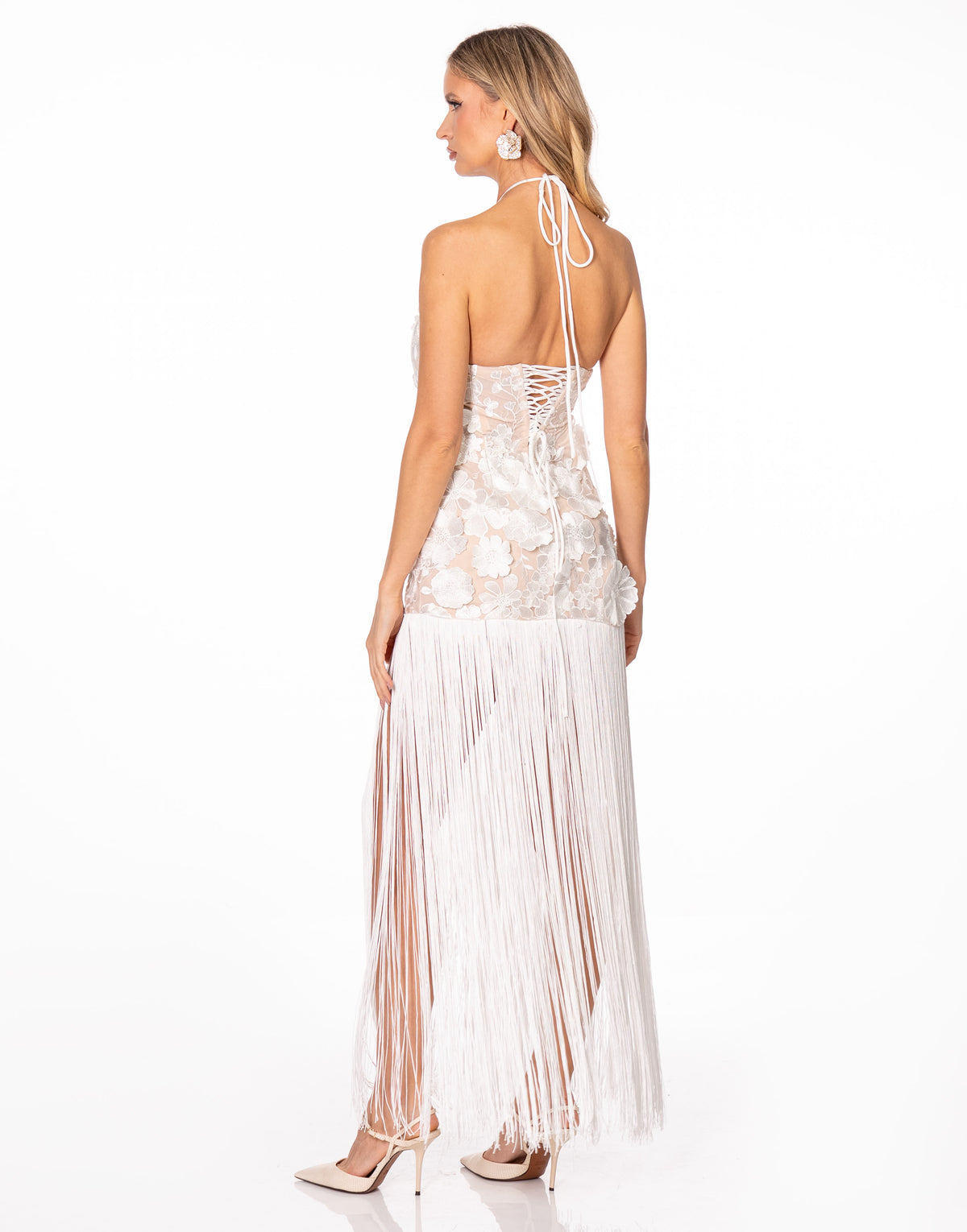 Floral Applique Halter Fringe Maxi Dress - Beige