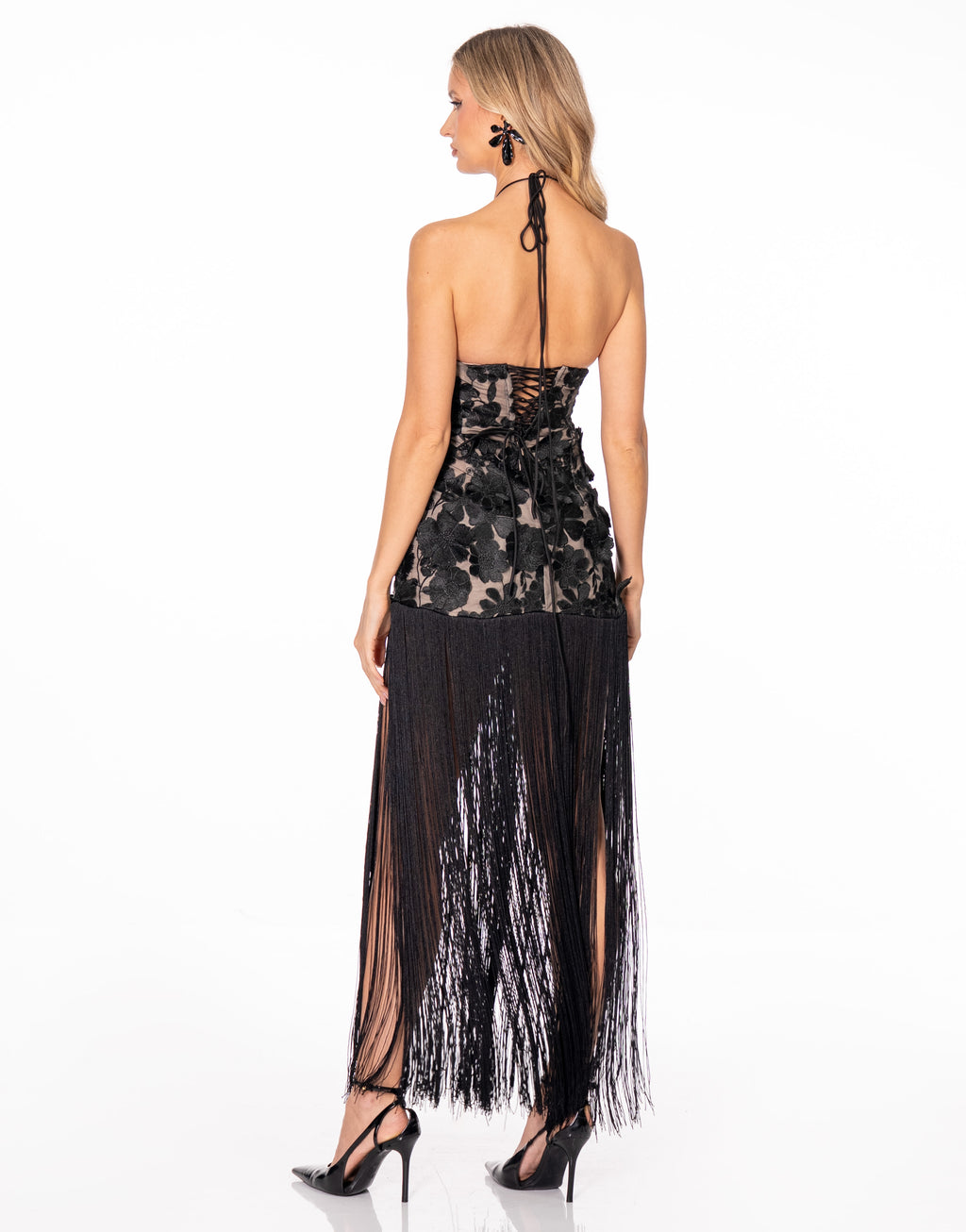 Floral Applique Halter Fringe Maxi Dress - Black