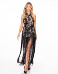 Floral Applique Halter Fringe Maxi Dress - Black