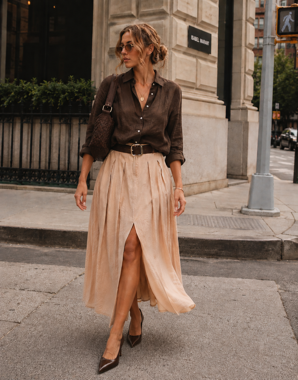 Pleated Midi Skirt with Slit - Beige