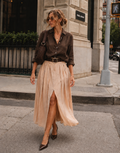 Pleated Midi Skirt with Slit - Beige