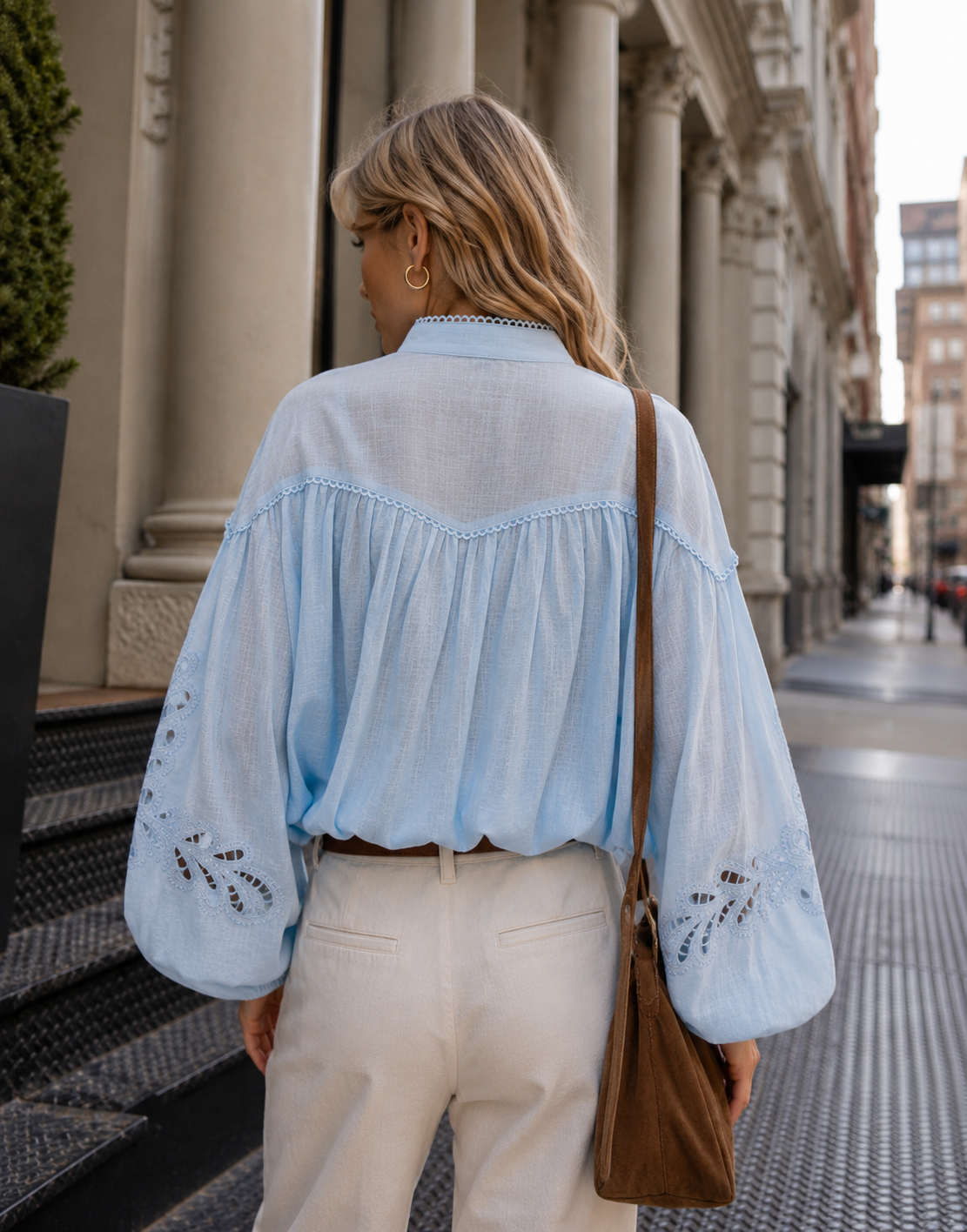 Eyelet Detail Button-Down Blouse - Light Blue