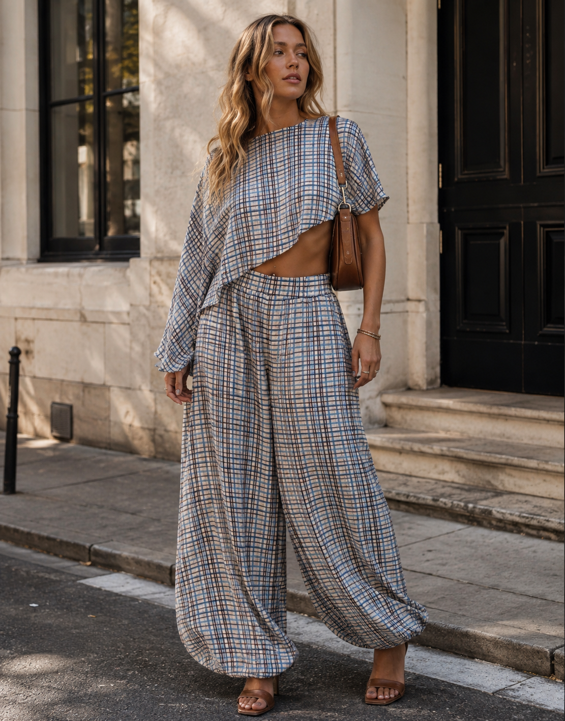 Plaid Cape Top and Pants Matching Set - Light Blue