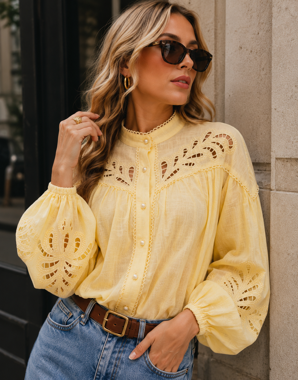 Eyelet Detail Button-Down Blouse - Yellow