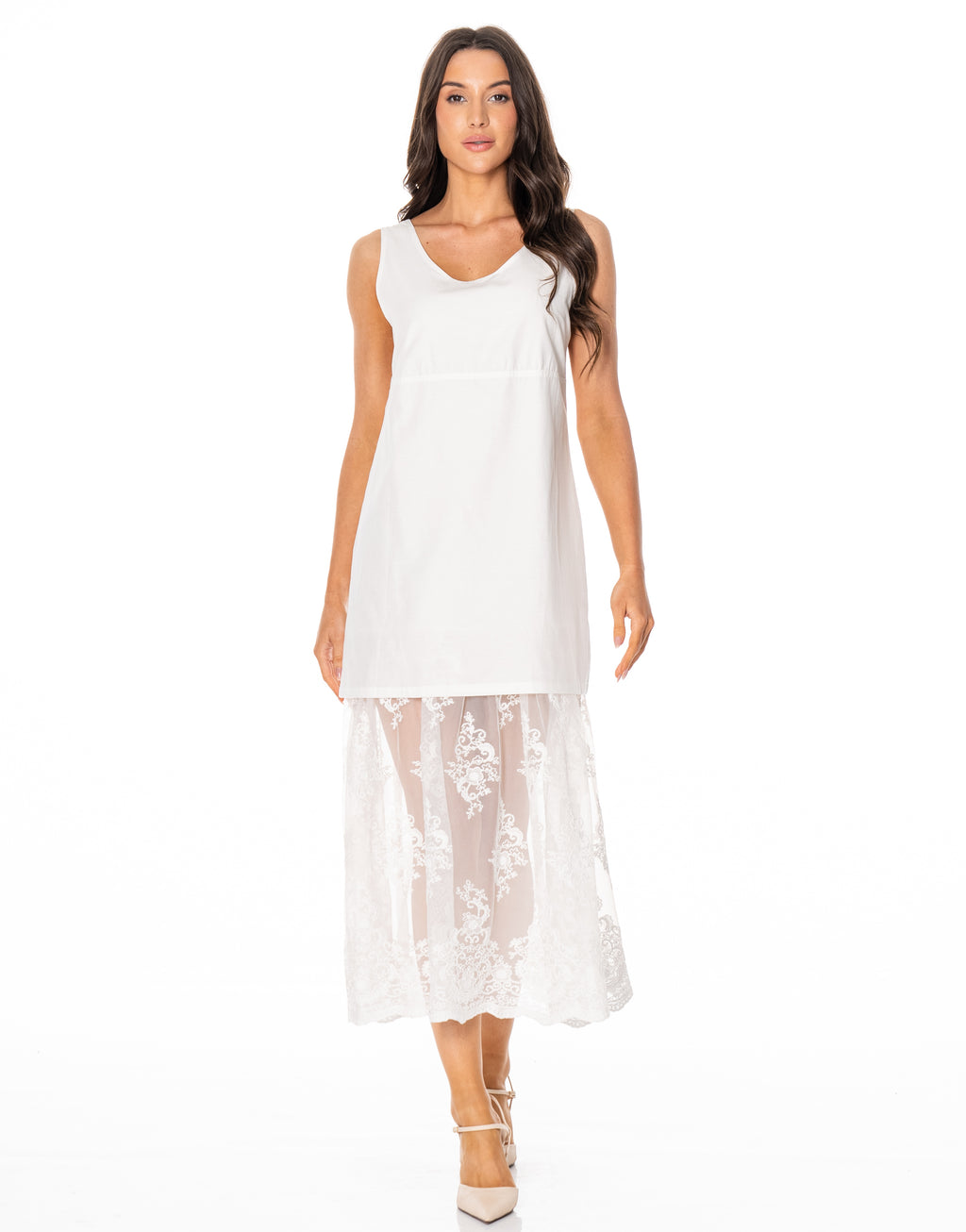 Lace-Trim Cami Dress - White