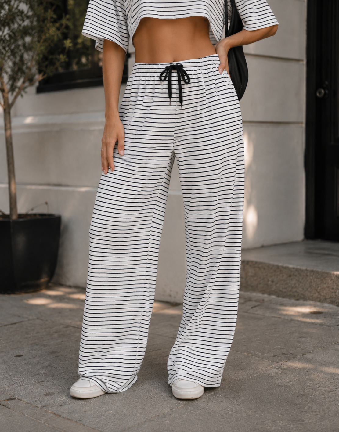 Striped Shirt And Wide-Pant Set - White