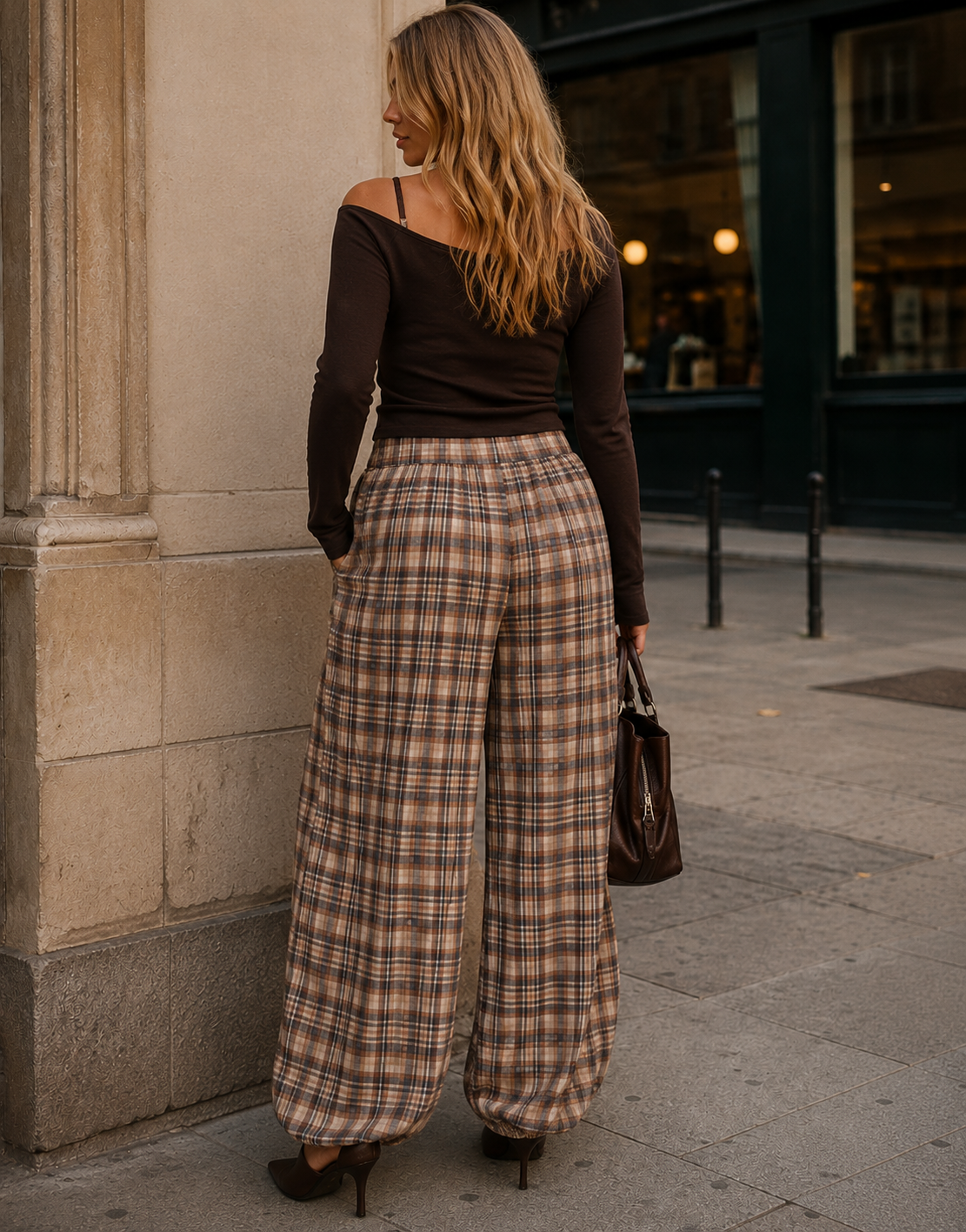 Plaid Harem Pants - Brown