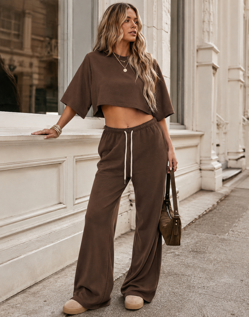 Crop Tee And Wide-Leg Pant Set - Brown