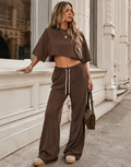 Crop Tee And Wide-Leg Pant Set - Brown