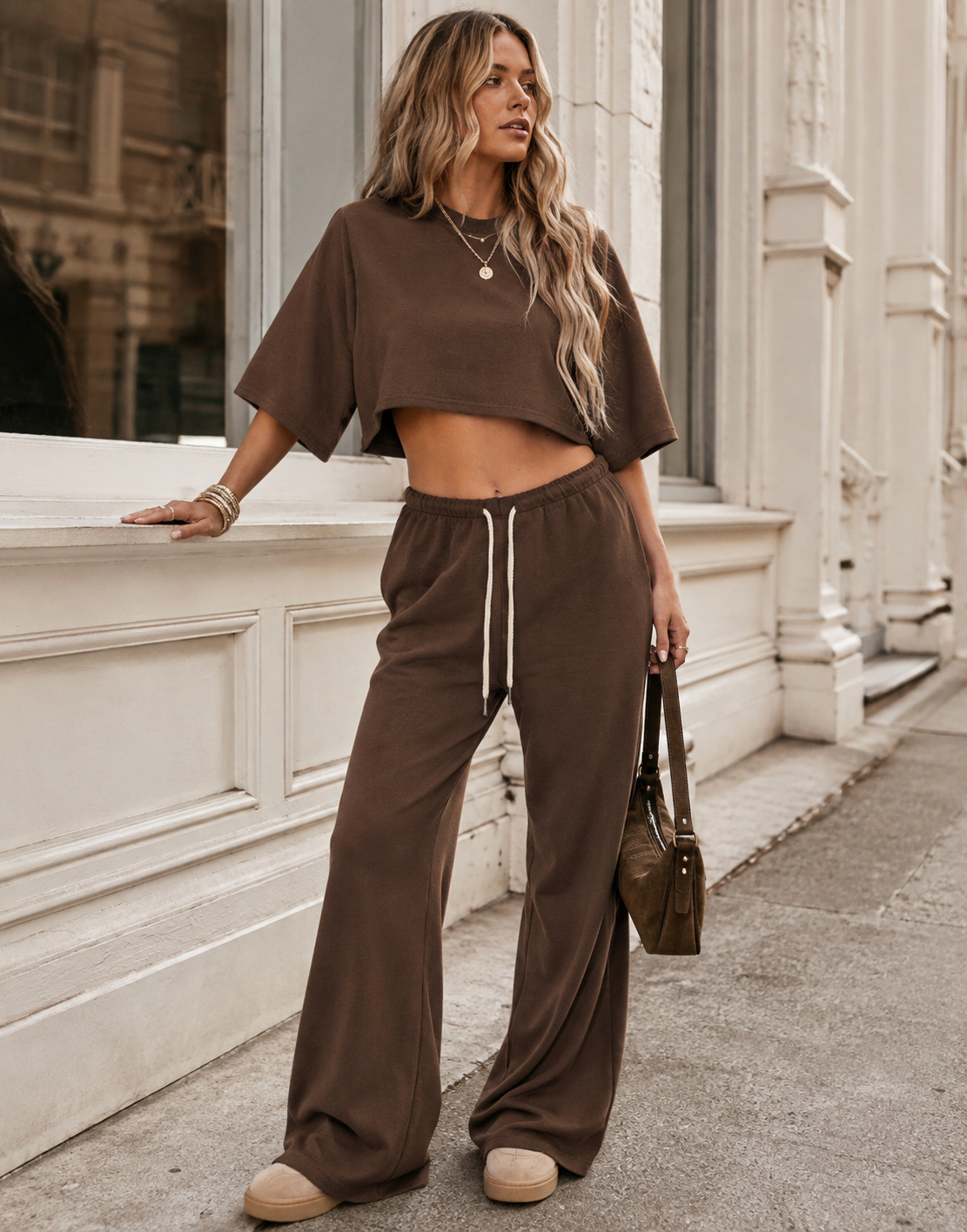 Crop Tee And Wide-Leg Pant Set - Brown