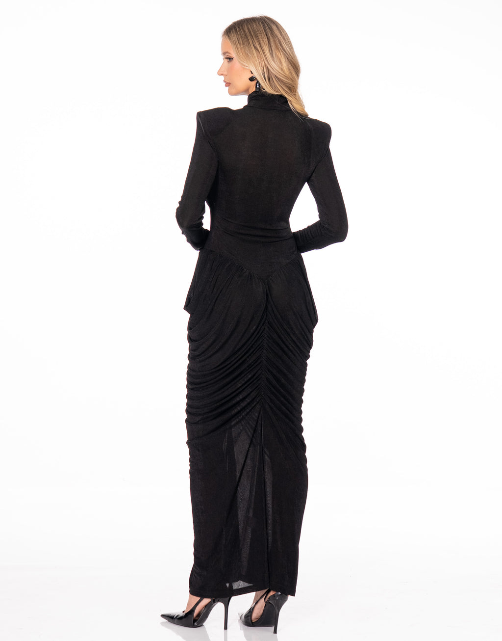 Draped Mesh Mock Neck Long Sleeve Maxi Dress - Black