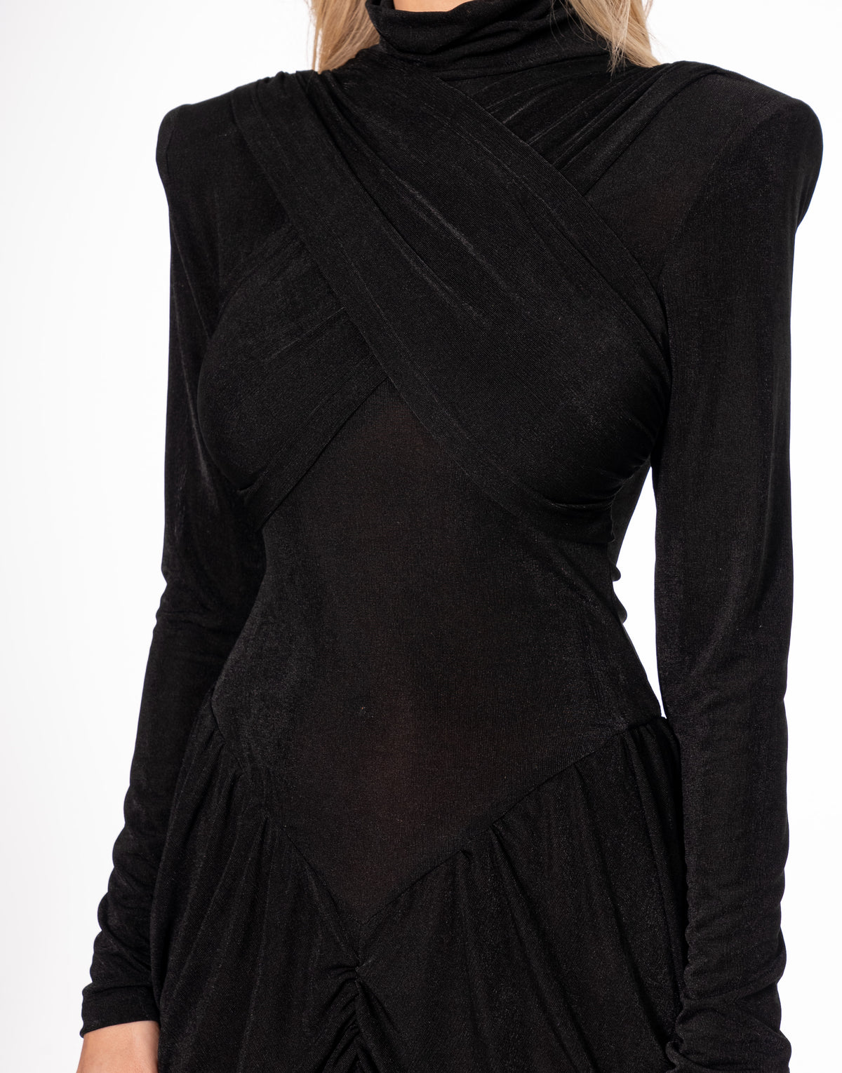 Draped Mesh Mock Neck Long Sleeve Maxi Dress - Black