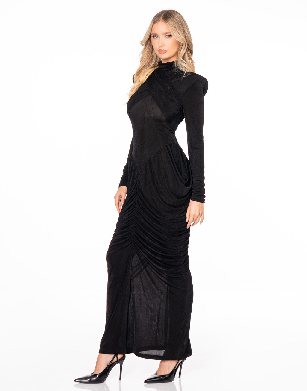 Draped Mesh Mock Neck Long Sleeve Maxi Dress - Black