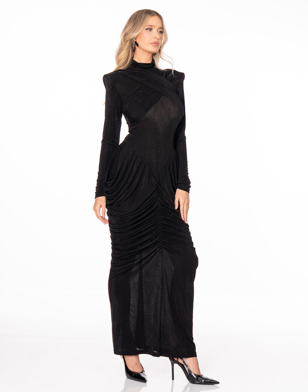 Draped Mesh Mock Neck Long Sleeve Maxi Dress - Black