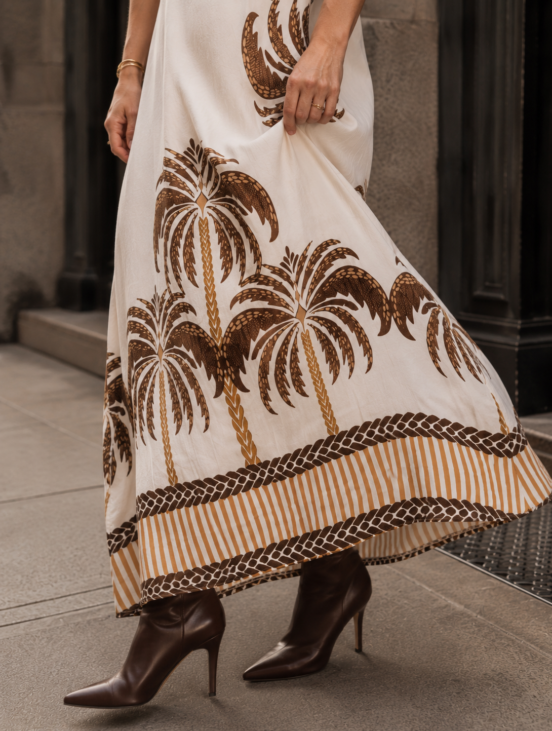 Palm Print Midi Dress - Brown Multi