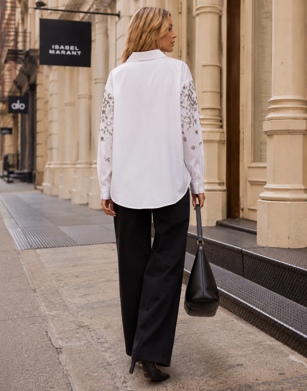 Embroidered Long-Sleeve Button-Down - White