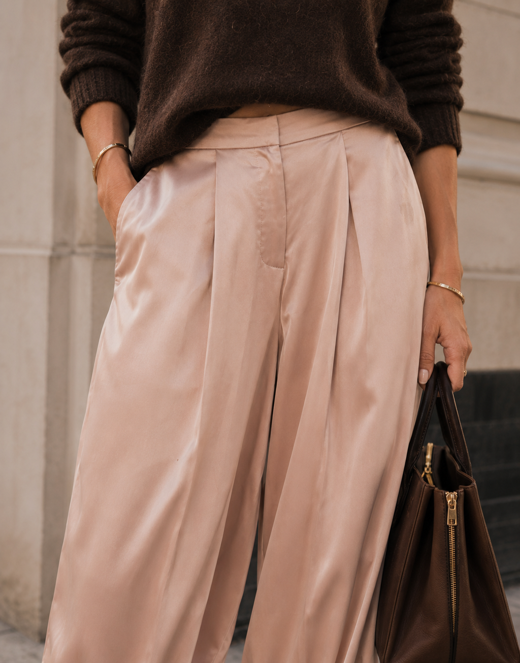 Camel Satin Tapered Pants - Camel