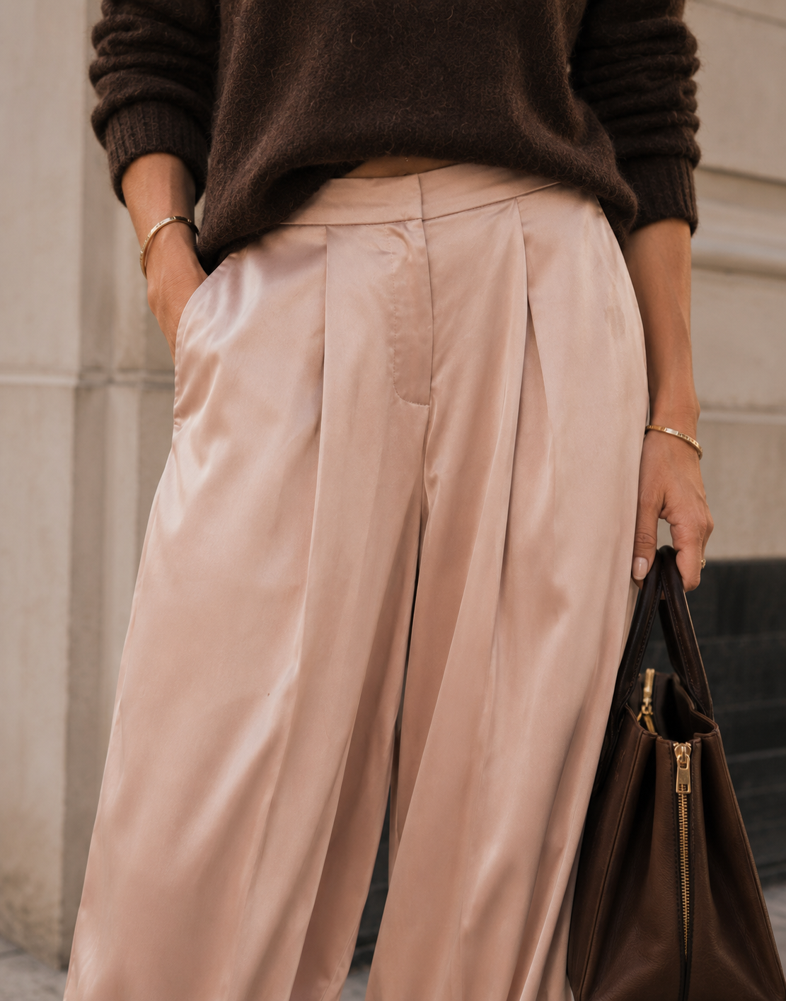 Camel Satin Tapered Pants - Camel