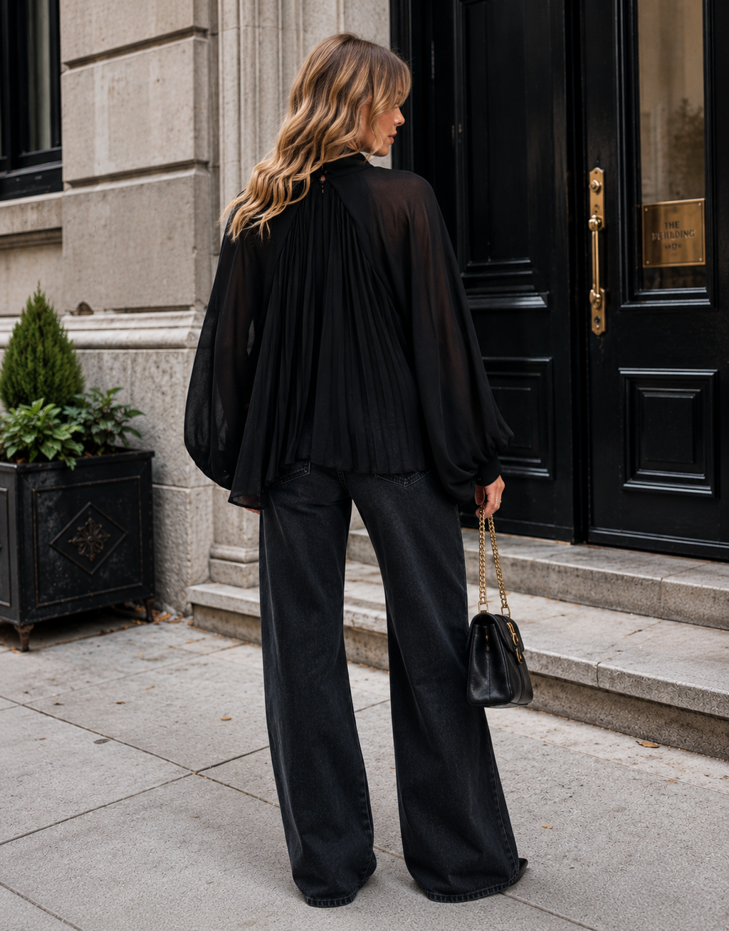 Pleated Blouson Long-Sleeve Top - Black