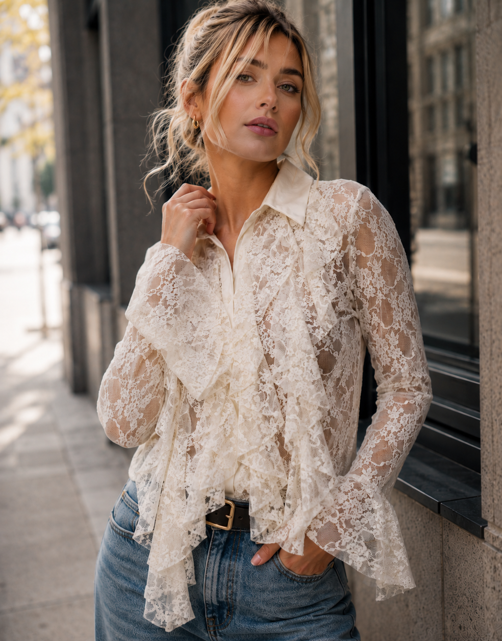 Lace Ruffle Long Sleeve Top - Yellow